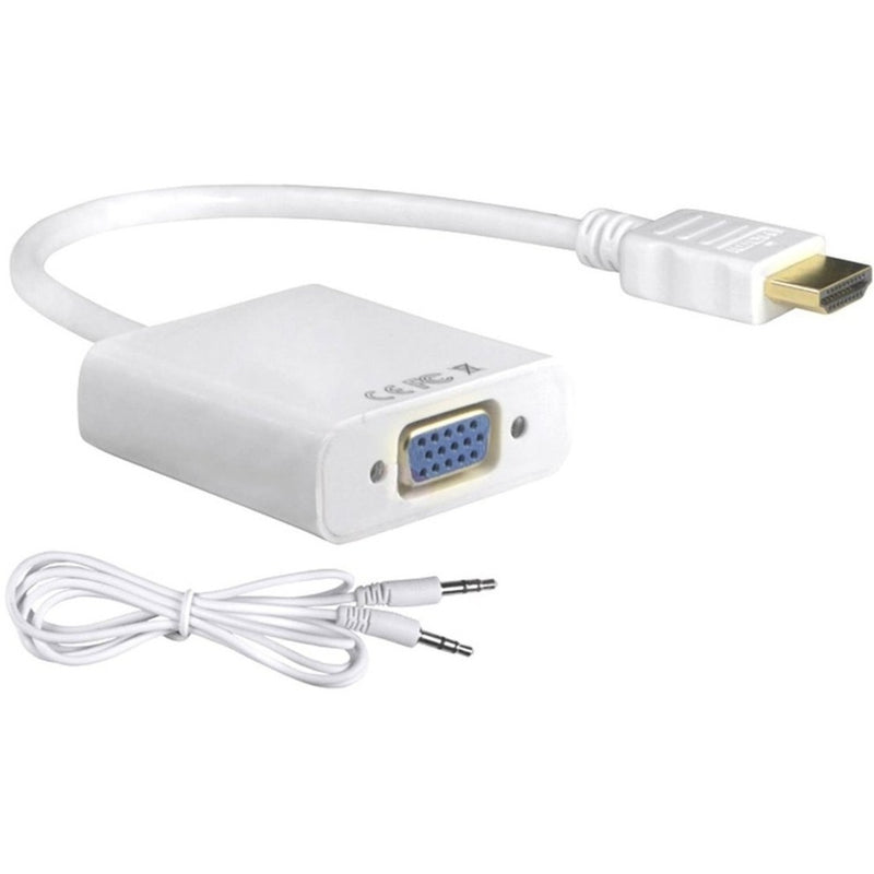 4XEM white HDMI to VGA adapter with audio cable showing HDMI male connector, VGA female port, and 3.5mm audio cable against white background