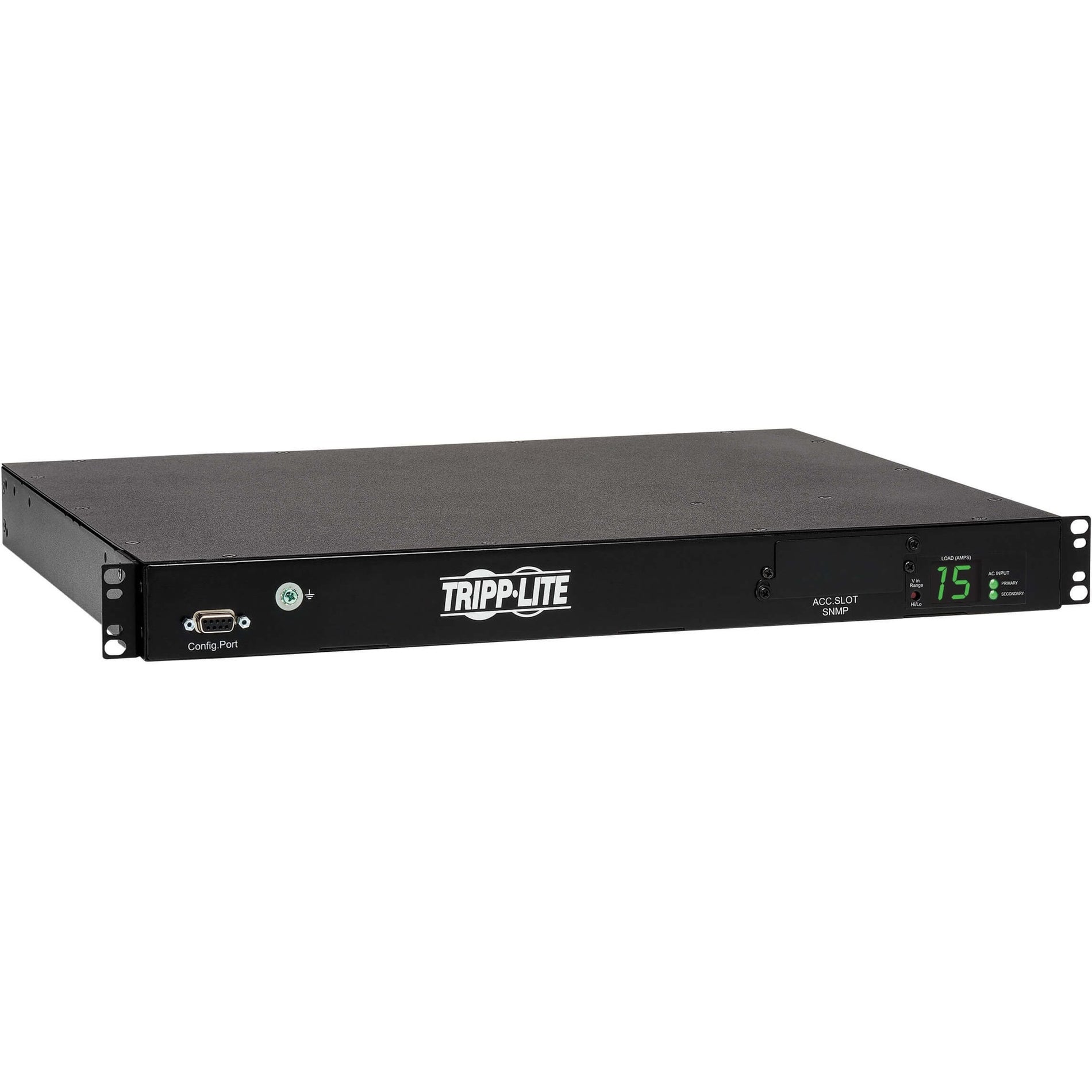 Front view of Tripp Lite PDUMH15HVATNET PDU showing digital display and configuration ports-alternate-image1