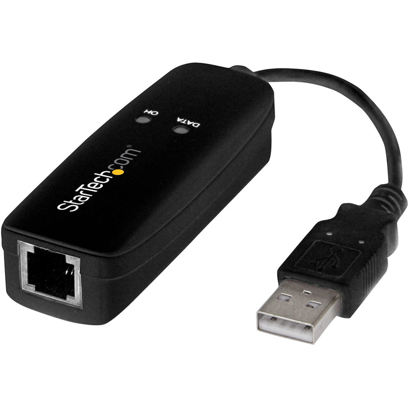 Side view of StarTech.com USB 56K modem showing RJ-11 port and USB connection