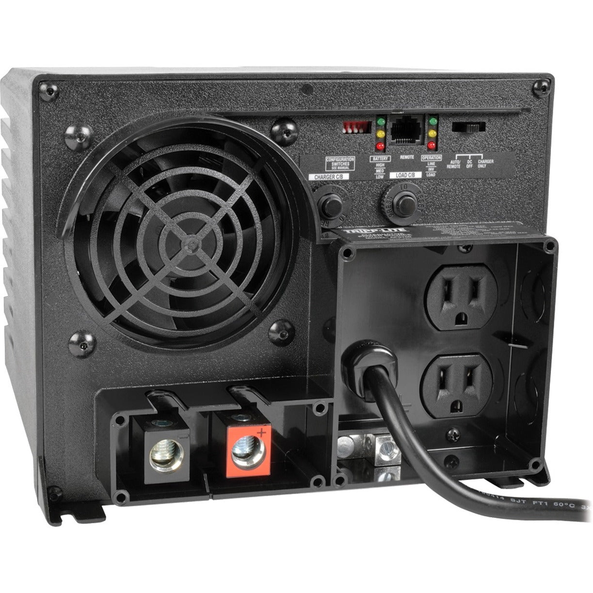 Rear view of Tripp Lite APS750 inverter showing cooling fan, AC outlets, DC terminals, and control interface-alternate-image1