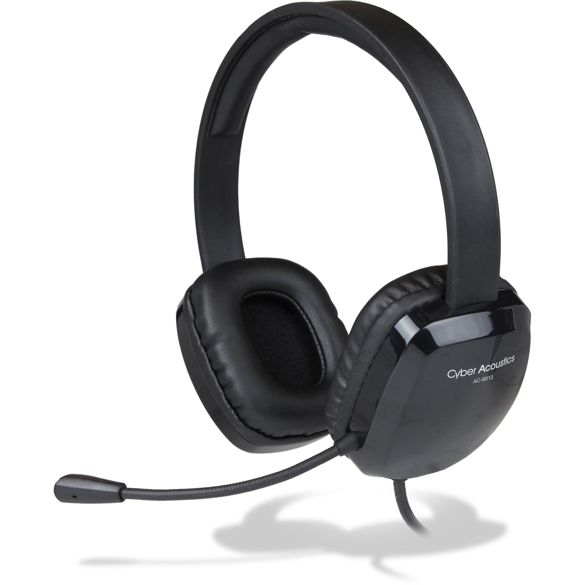 Cyber Acoustics AC-6012 USB stereo headset with adjustable boom microphone, featuring black leatherette ear cushions and over-head design-alternate-image1