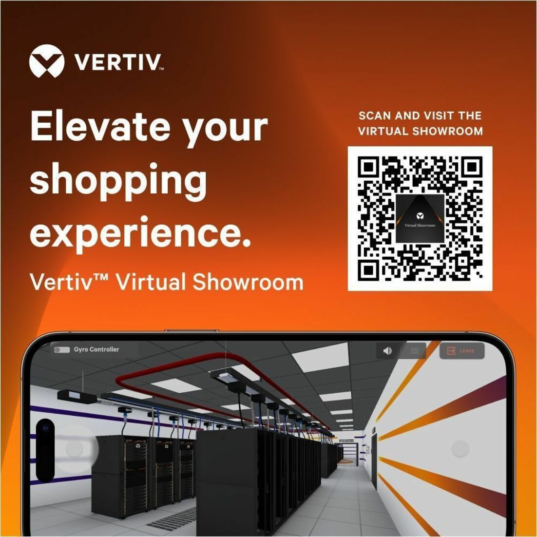 Vertiv Virtual Showroom advertisement with QR code and data center visualization-alternate-image7