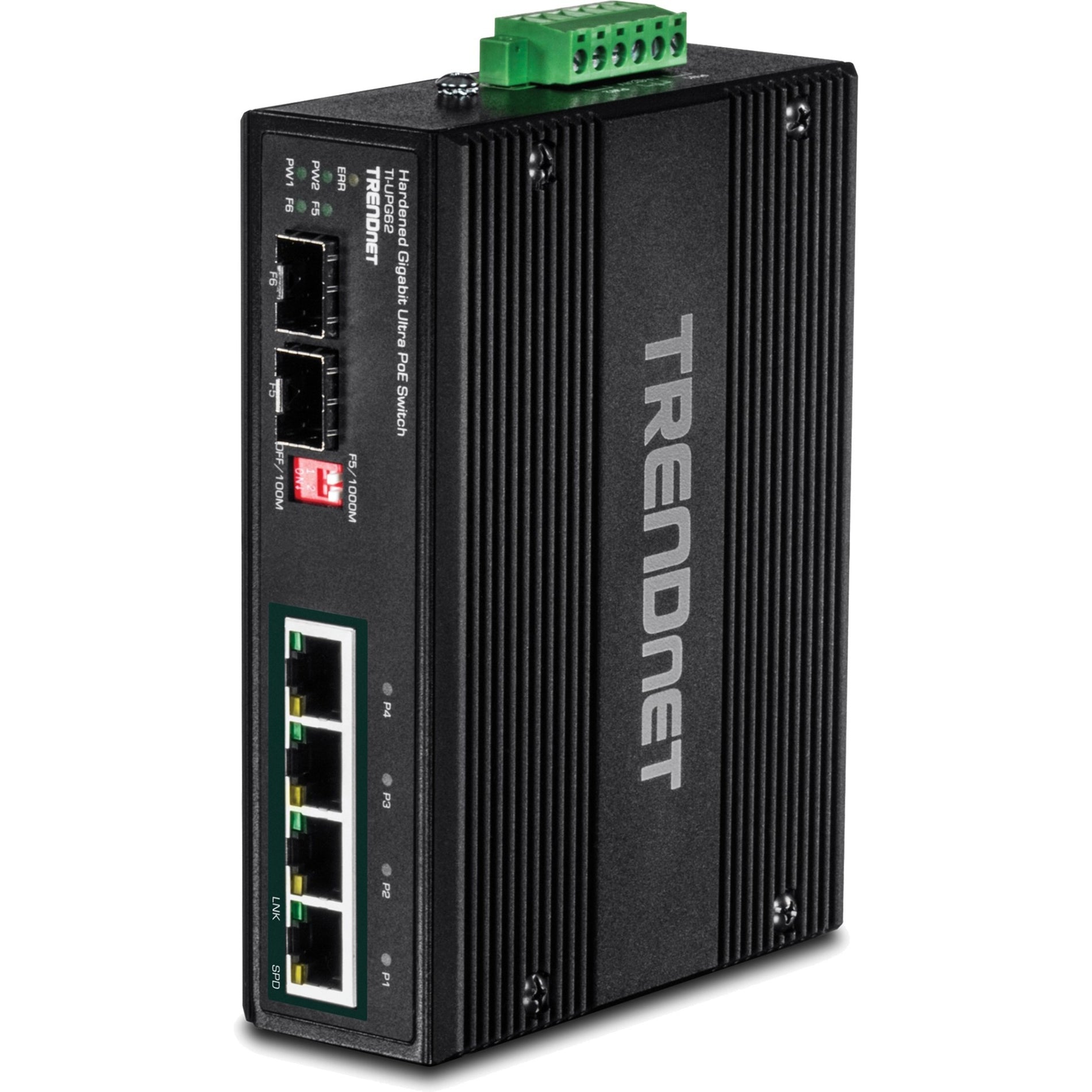 TRENDnet 6-Port Hardened Industrial Gigabit 10/100/1000 Mbps Ultra PoE DIN-Rail Switch; UPoE; IP30; DIN-Rail & Wall Mounts Included; Lifetime Protection; TI-UPG62 (TI-UPG62) Main image