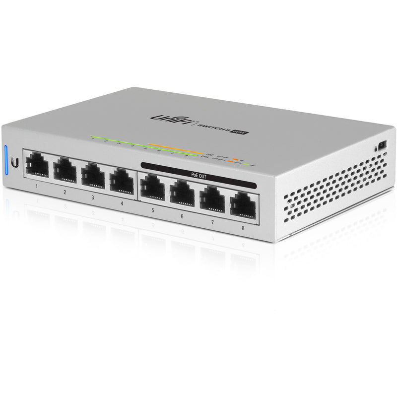 Front view of Ubiquiti UniFi US-8-60W 8-port Gigabit network switch with LED indicators and PoE capability