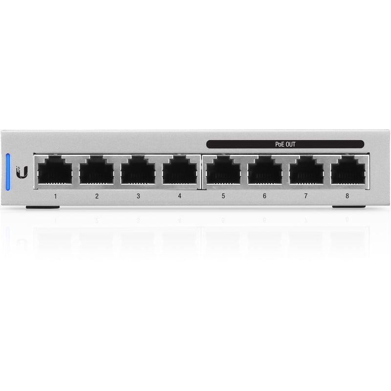 Close-up front view of UniFi US-8-60W switch showing numbered Gigabit ports and PoE designation