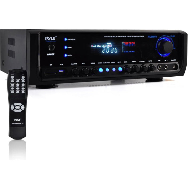 Front view of PyleHome PT390BTU receiver showing blue LED display, control knobs, and remote control