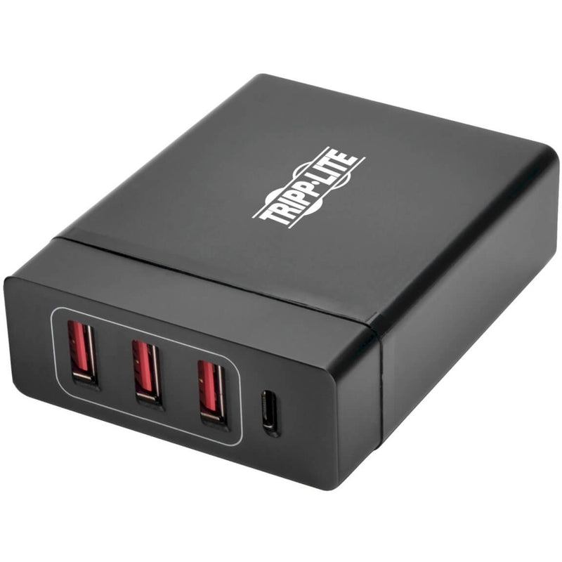 Front view of Tripp Lite 4-port USB charging station showing three USB-A ports and one USB-C port