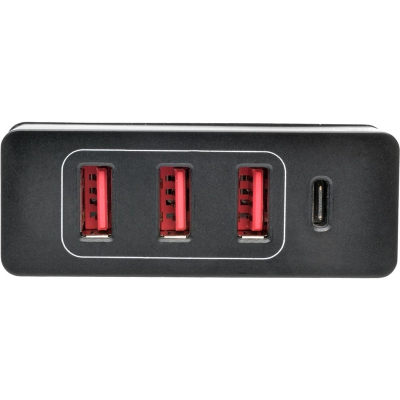 Close-up view of USB ports on Tripp Lite charging station showing port spacing and layout