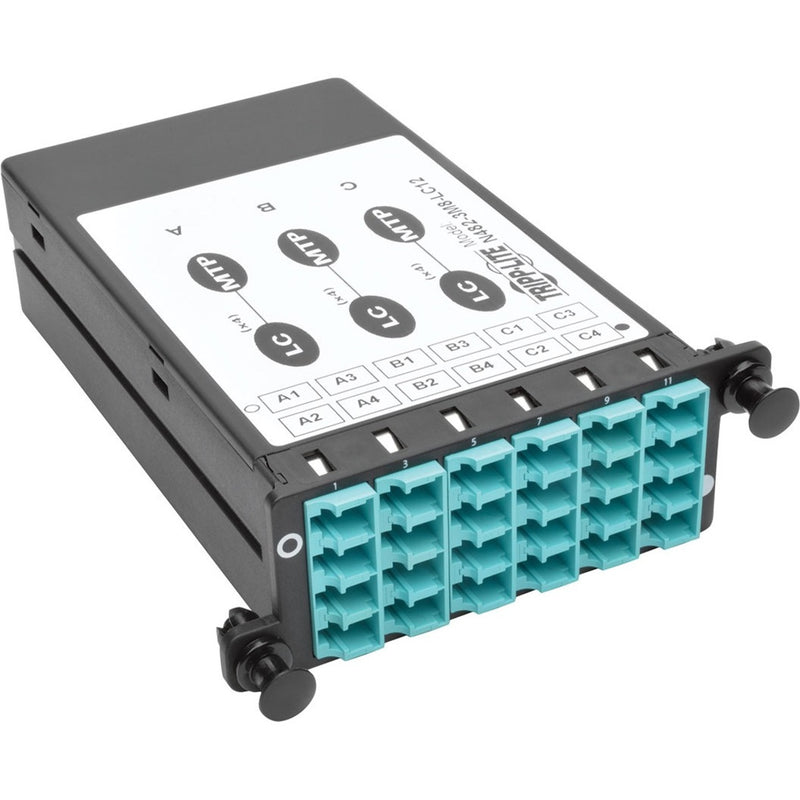 Front view of Tripp Lite N482-3M8-LC12 cassette showing 12 LC duplex fiber ports in aqua blue color