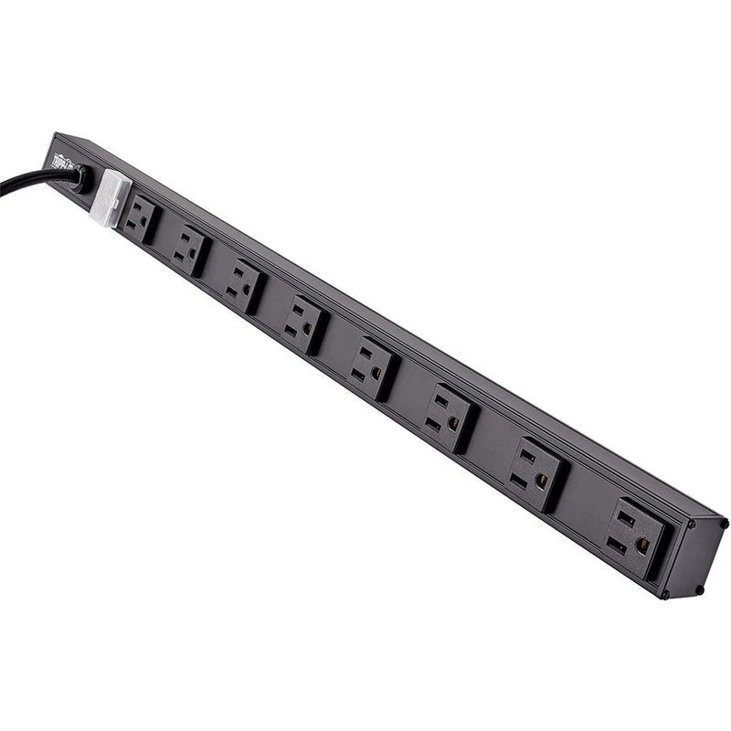 Angled view of Tripp Lite PS2408B power strip showing eight evenly spaced outlets in black aluminum housing