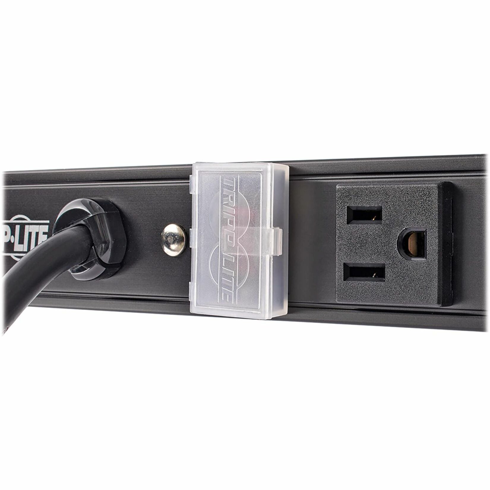 Detailed view of Tripp Lite PS2408B power strip outlet and cord strain relief design-alternate-image5