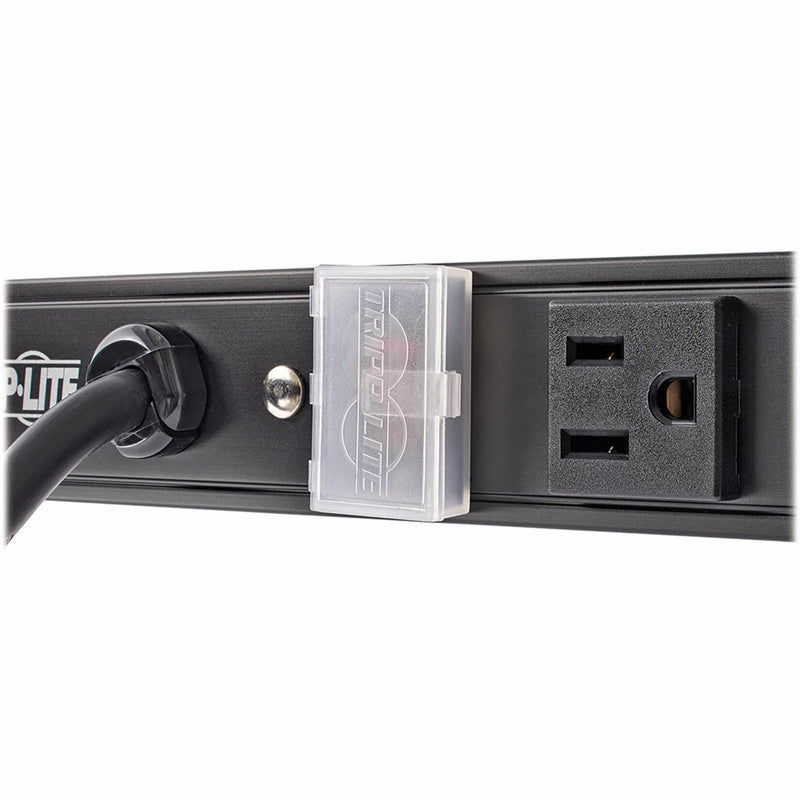 Detailed view of Tripp Lite PS2408B power strip outlet and cord strain relief design