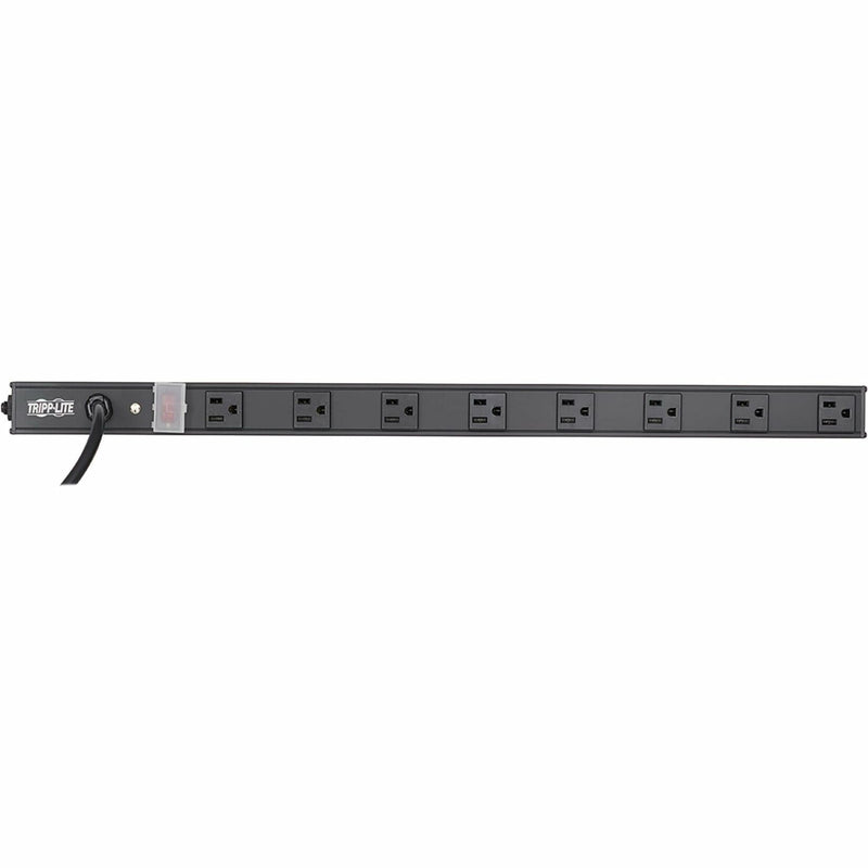 Front view of Tripp Lite PS2408B power strip highlighting the 15-foot power cord and eight outlet configuration