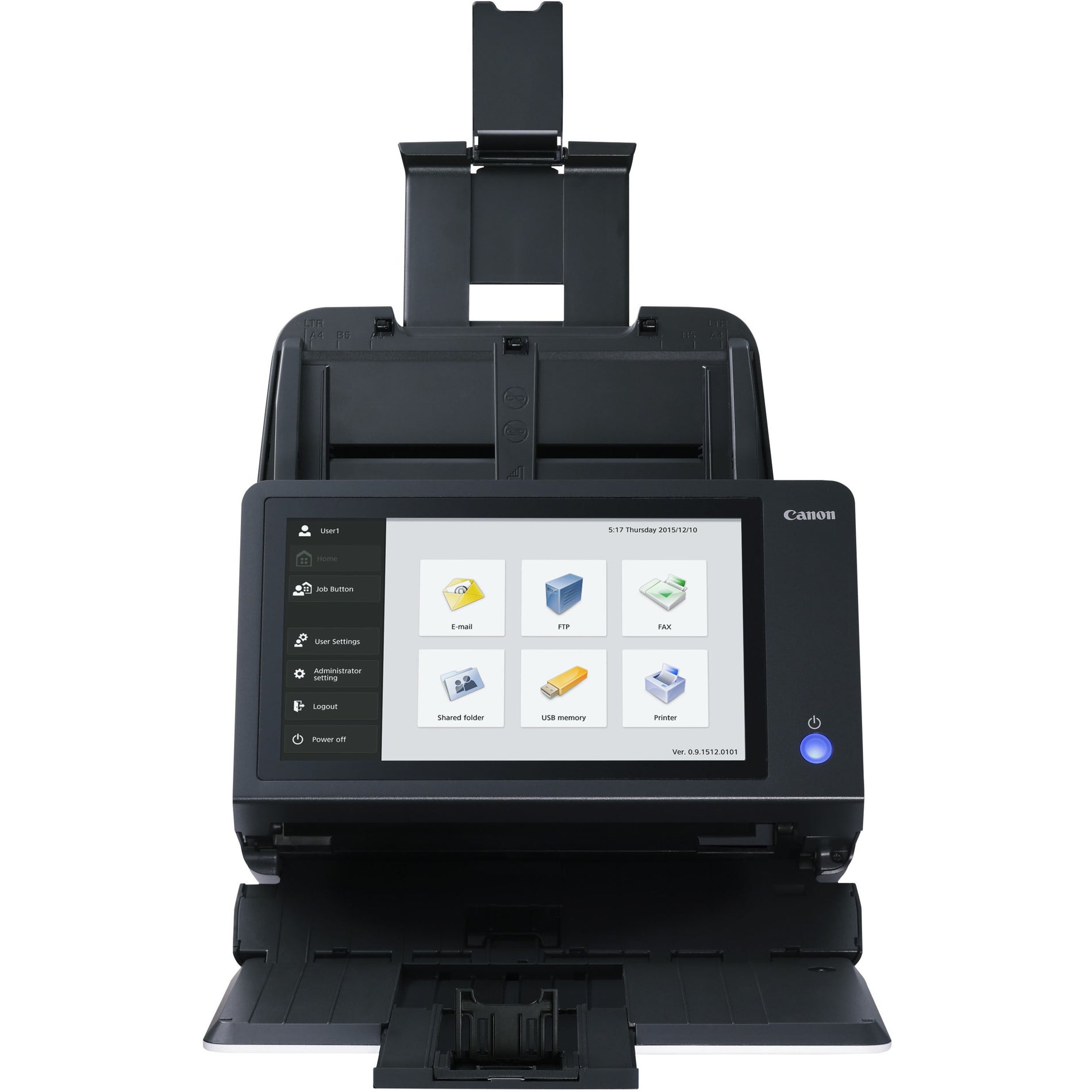 Canon ScanFront 400 scanner showing touchscreen interface with scanning destination options-alternate-image1