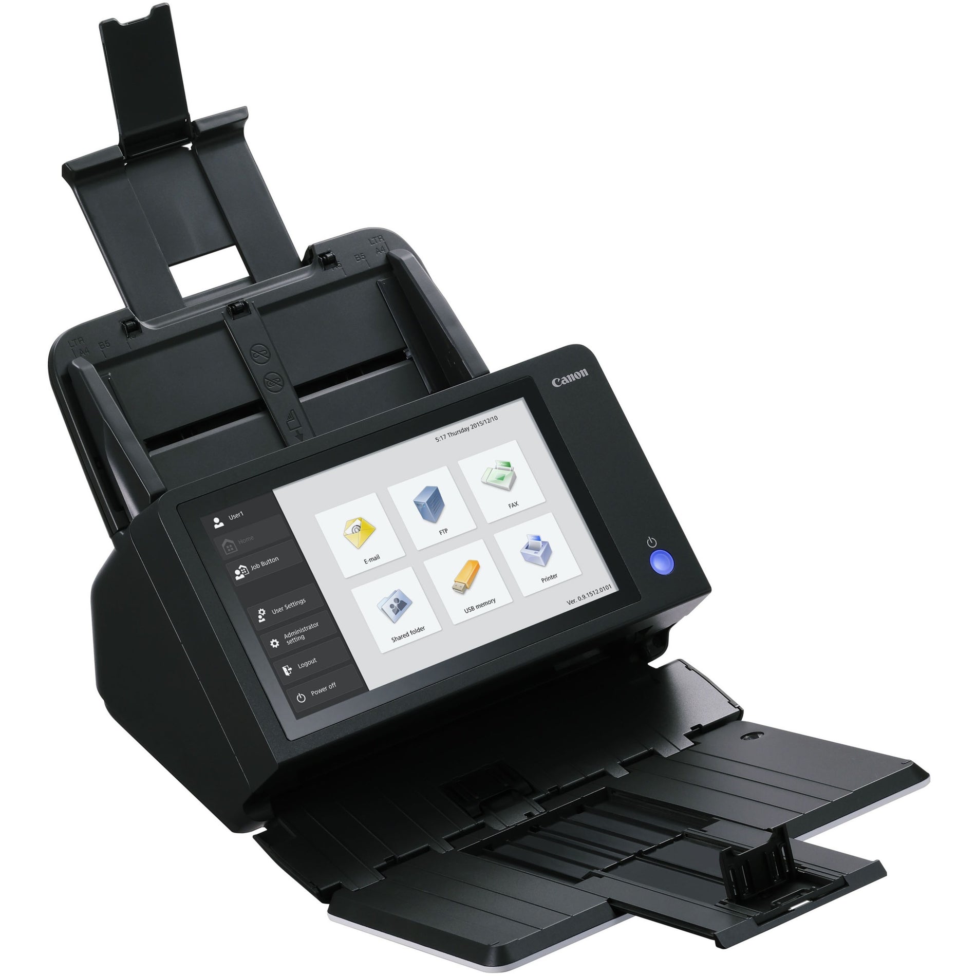 Side view of Canon ScanFront 400 scanner showing document feeder and touchscreen interface-alternate-image3