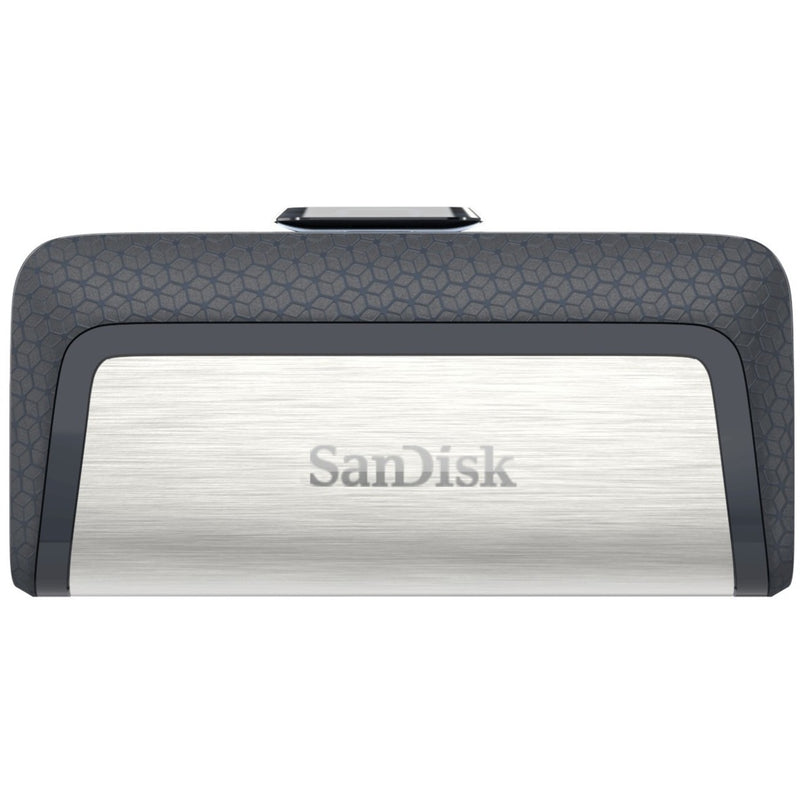 Close-up view of SanDisk Ultra Dual Drive USB-C showing brushed metal finish and textured surface pattern