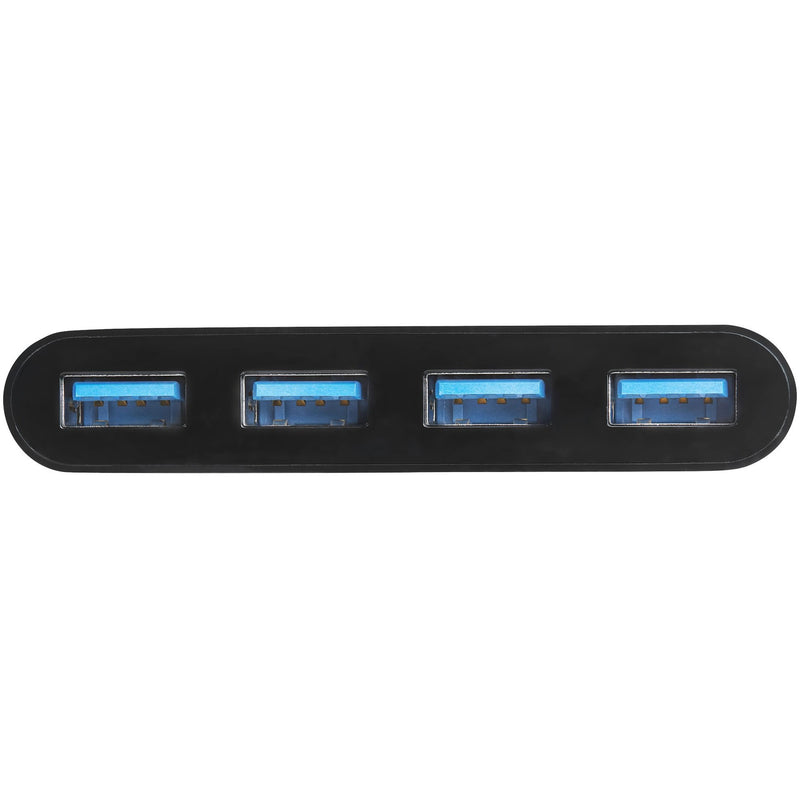 Close-up front view of four USB 3.0 Type-A ports with blue internal connectors