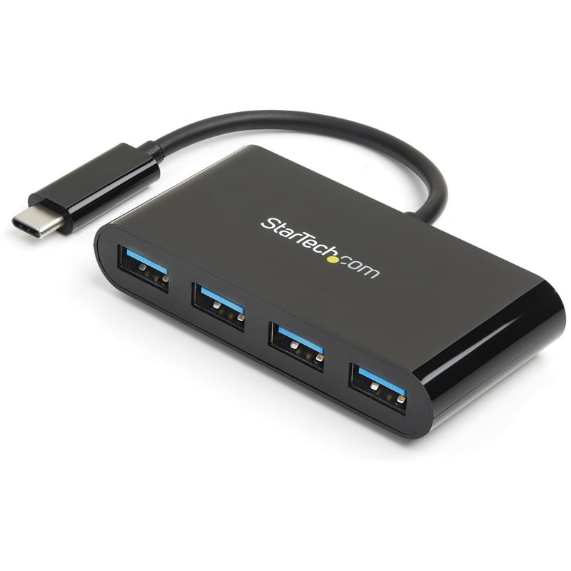 StarTech.com 4-port USB 3.0 hub with USB-C connector showing four USB-A ports in sleek black design