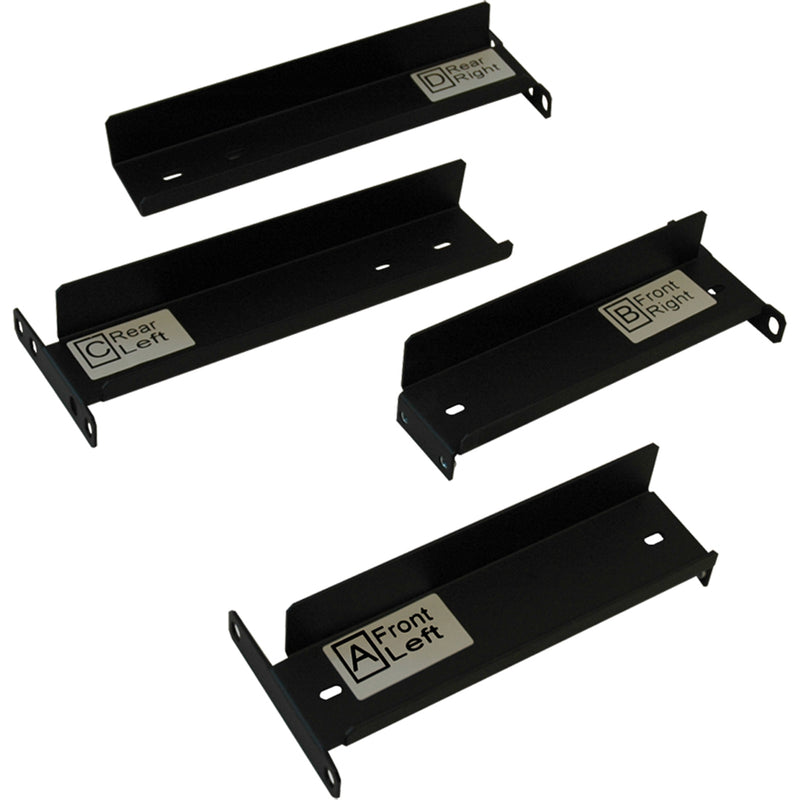 Four labeled mounting brackets for Tripp Lite 2-post rack mount installation