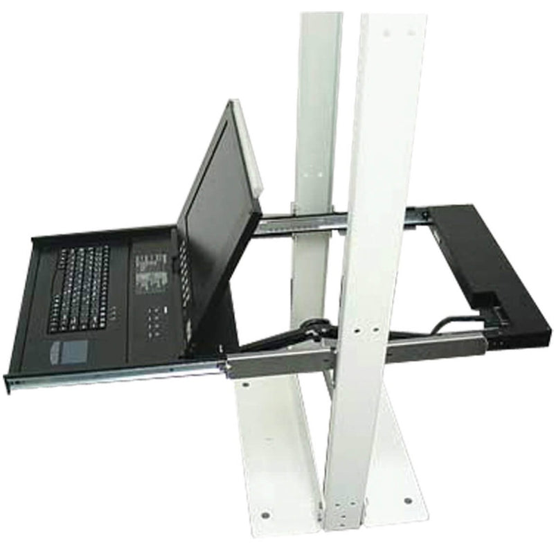 Tripp Lite 2-post rack mount bracket showing extended console drawer with keyboard