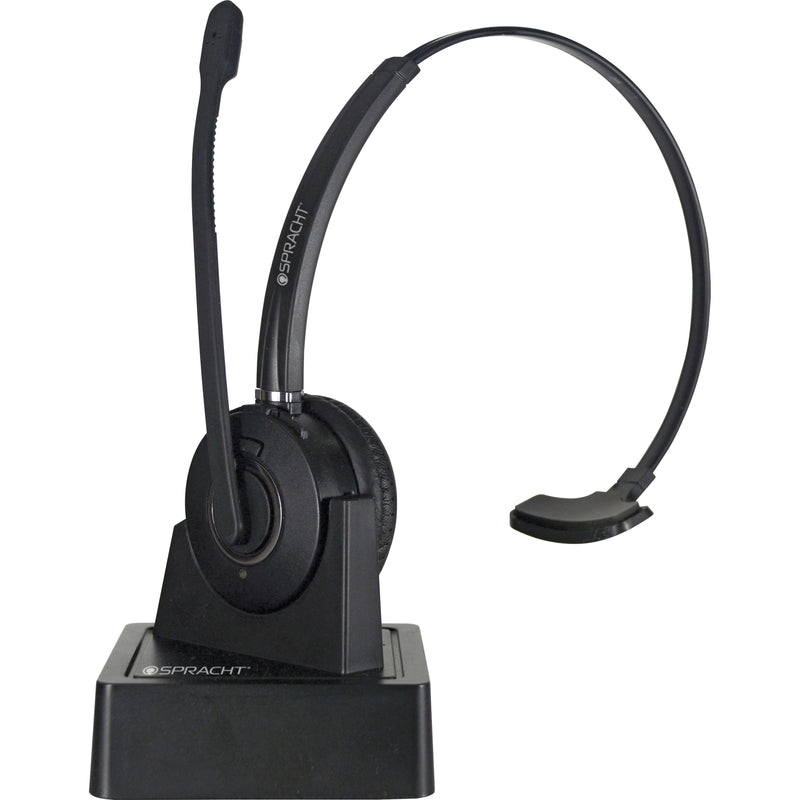 Spracht ZŪM Maestro BT Bluetooth headset with noise-canceling boom microphone on charging base, side view