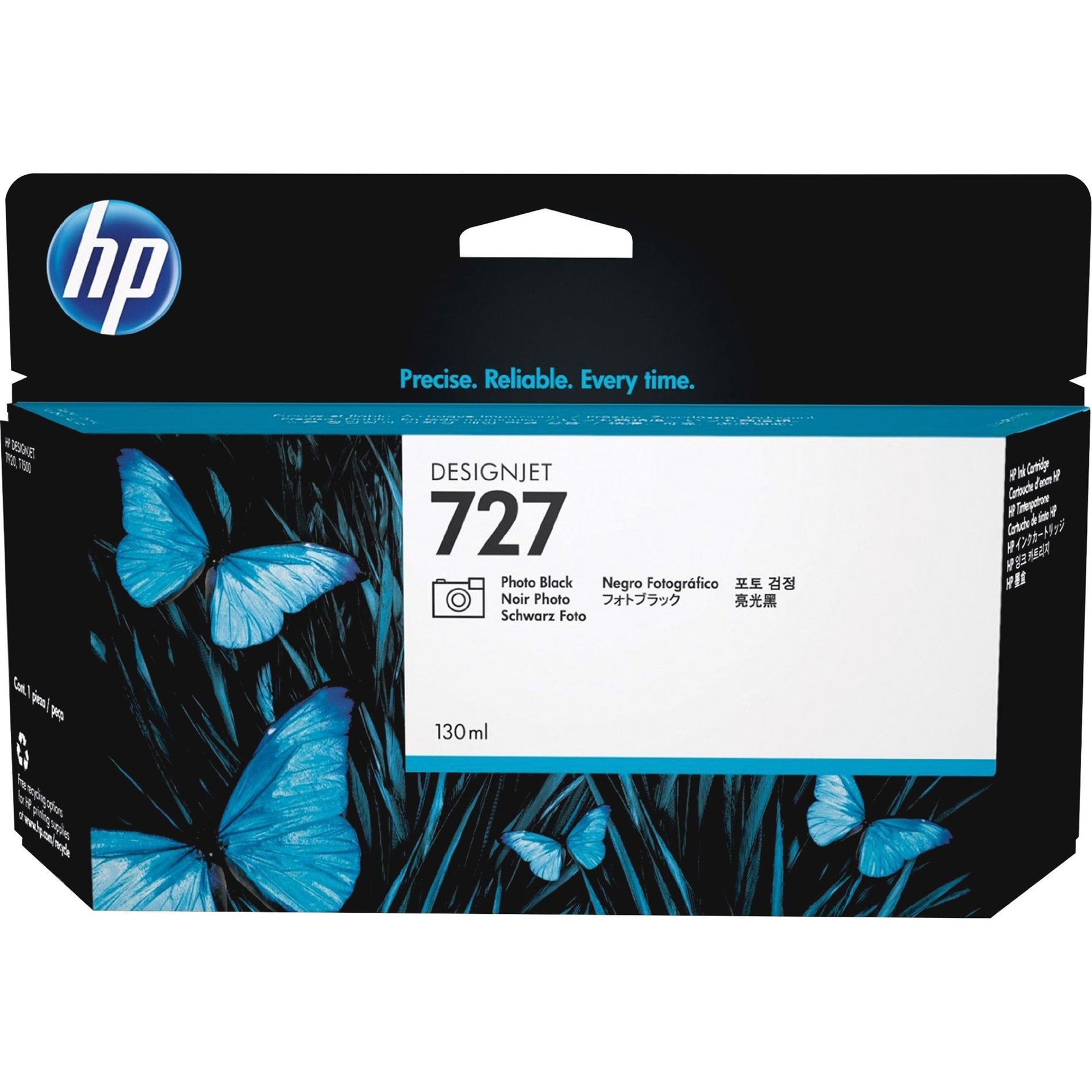 HP 727 DesignJet Photo Black ink cartridge packaging featuring blue butterfly design-alternate-image1