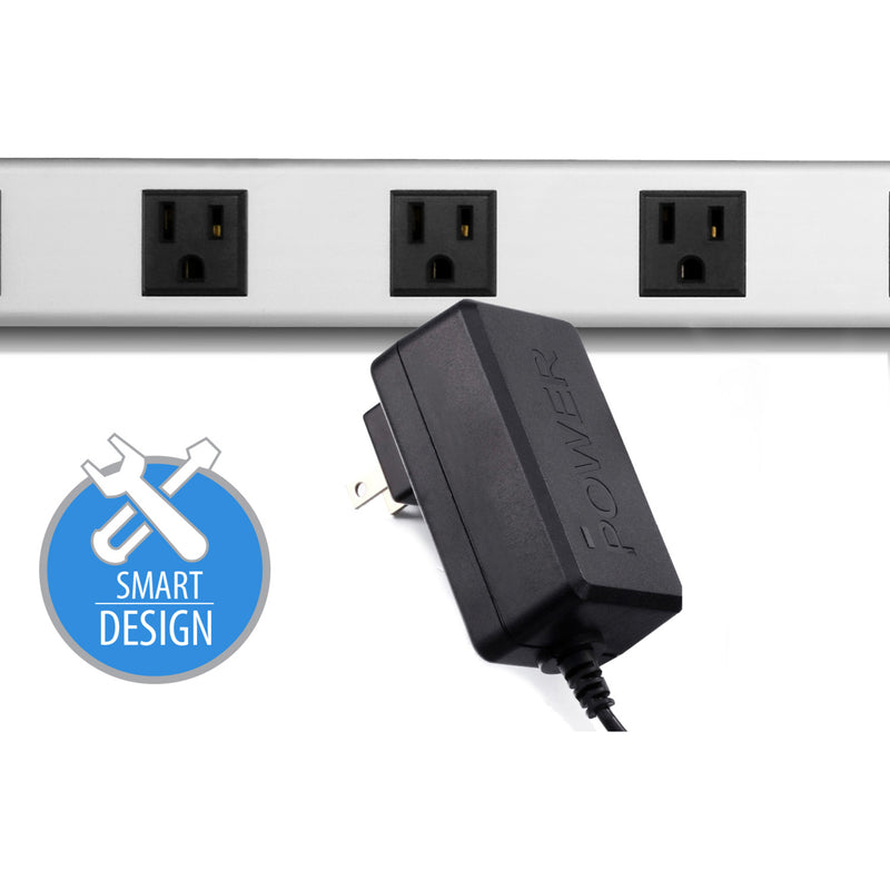 Power strip detail showing smart design features and power adapter compatibility