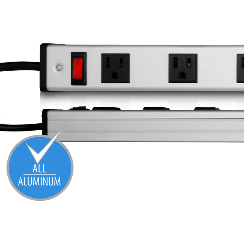 Close-up view of V7 power strip highlighting all-aluminum construction with blue certification badge