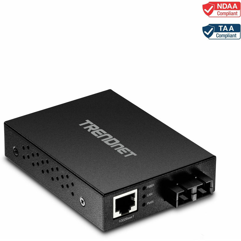 TRENDnet TFC-GMSC fiber media converter front view showing Gigabit ports and NDAA/TAA compliance badges