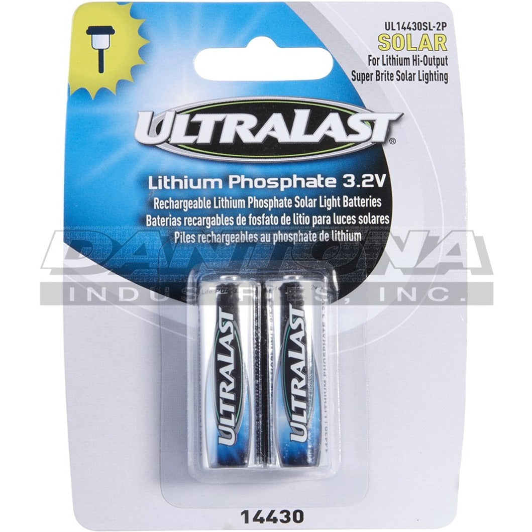 Two Ultralast UL14430SL-2P 3.2V lithium phosphate rechargeable batteries in retail packaging with solar lighting icon-alternate-image1