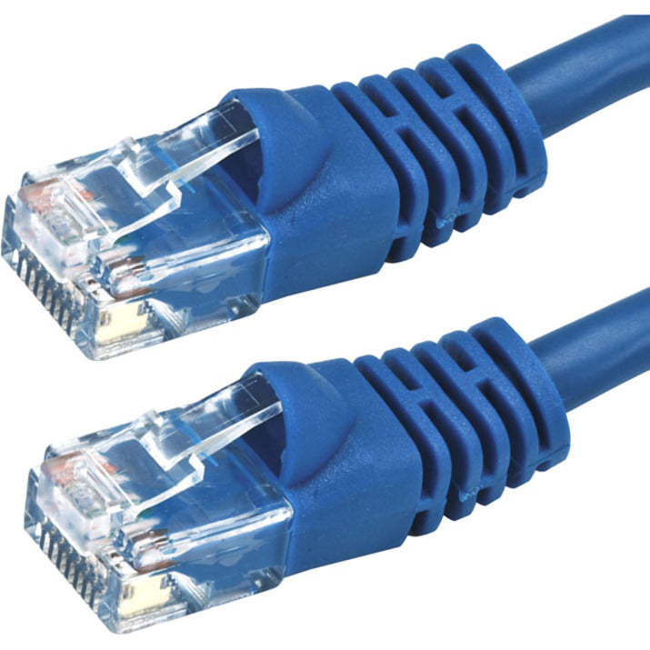 Close-up view of two RJ-45 connectors showing gold-plated contacts and blue snagless boots