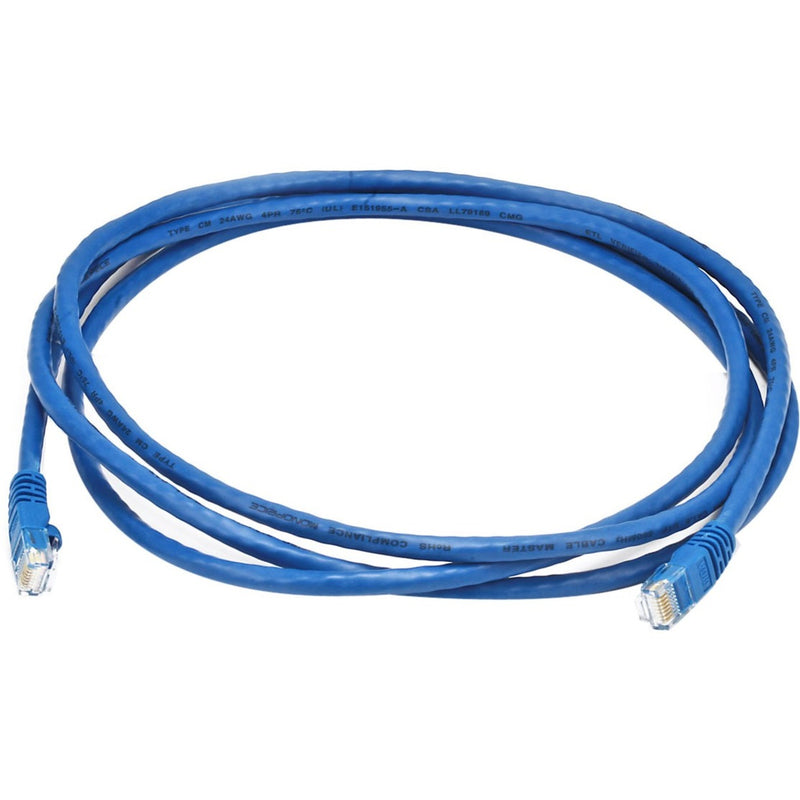 Blue Cat6 ethernet patch cable with RJ-45 connectors coiled in a circular pattern showing cable flexibility