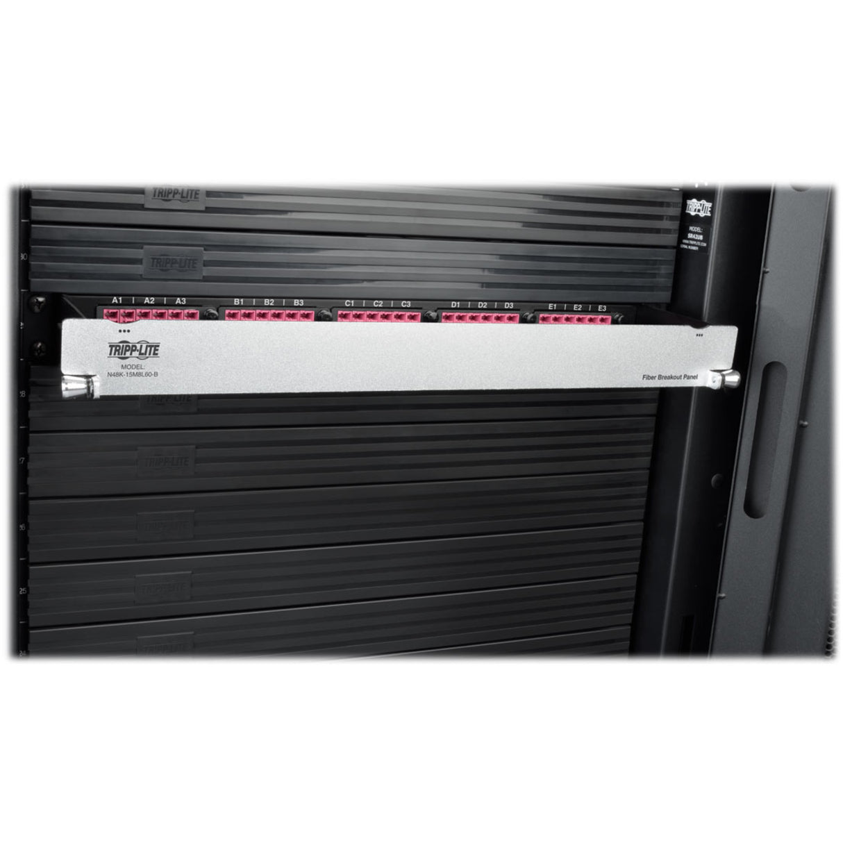 Rack-mounted view of N48K-15M8L60-B fiber breakout panel in server cabinet-alternate-image4