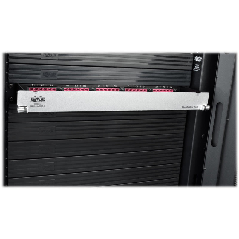 Rack-mounted view of N48K-15M8L60-B fiber breakout panel in server cabinet