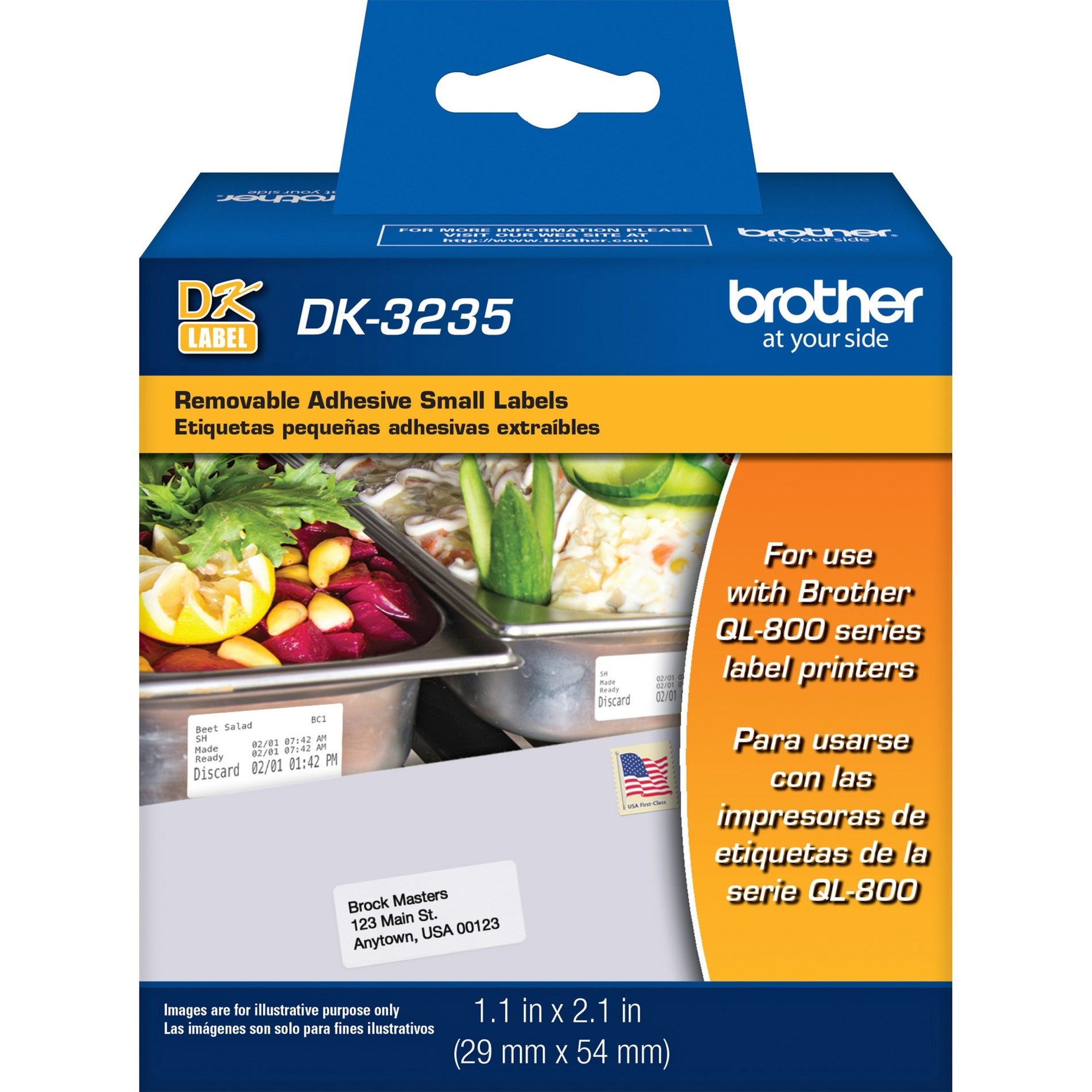 Brother DK3235 label roll product packaging showing food container and mailing label applications-alternate-image1