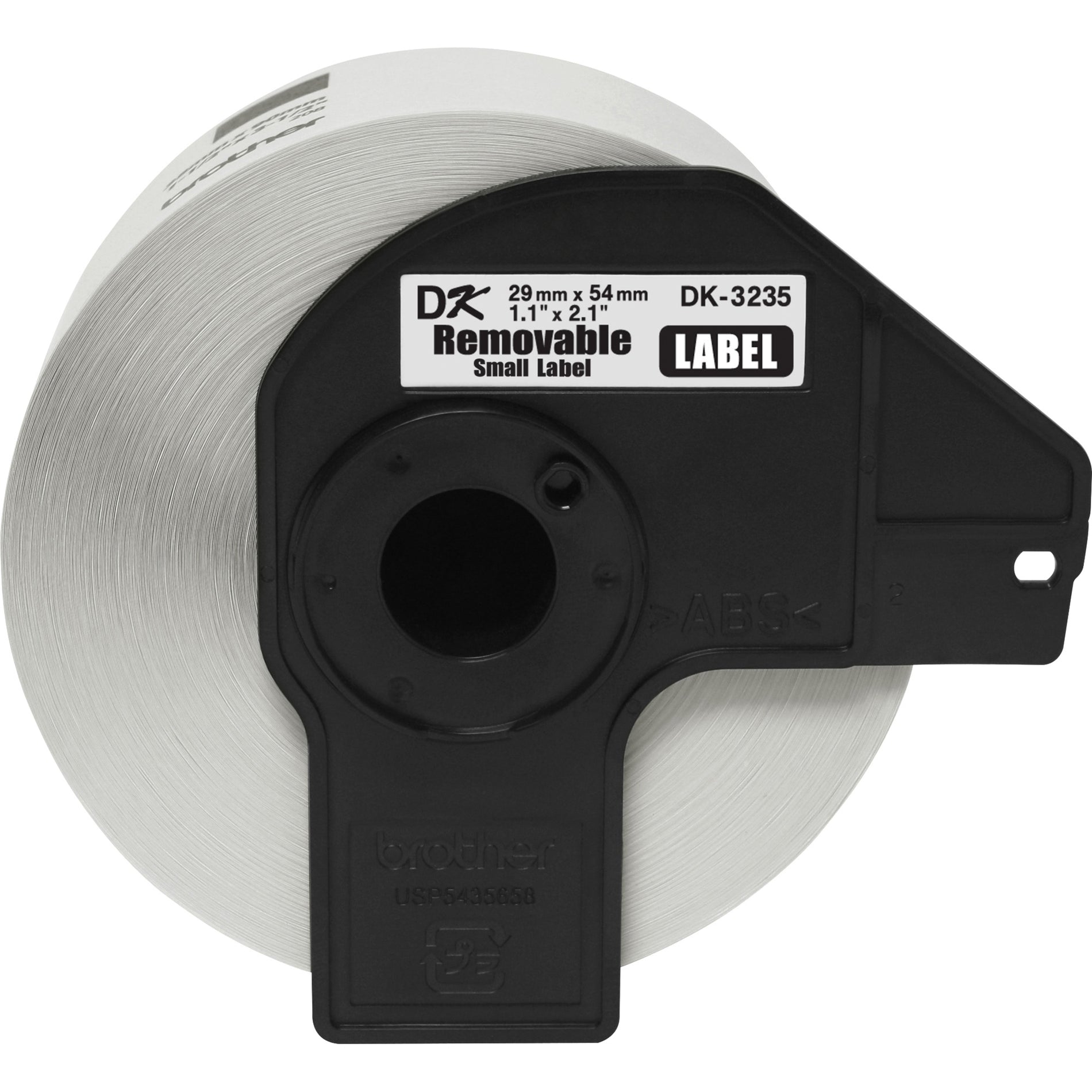 Close-up view of Brother DK3235 label roll showing black housing and white label material-alternate-image2