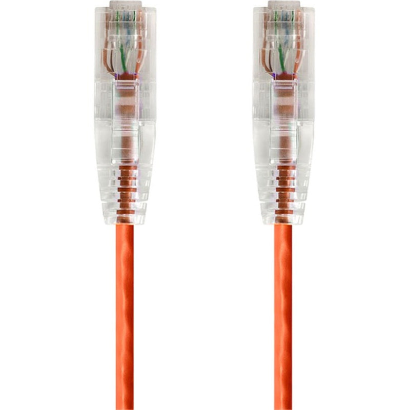 Close-up view of SlimRun Cat6 cable transparent RJ-45 connectors showing internal wiring with orange cable jacket