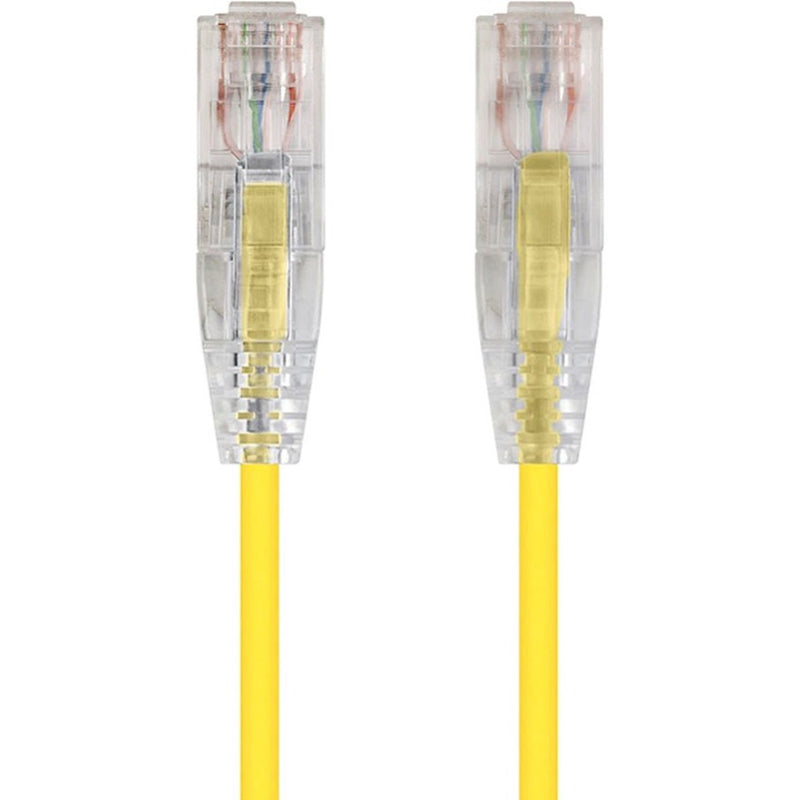 Close-up view of SlimRun Cat6 cable's transparent RJ-45 connectors with yellow strain relief and slim yellow cable jacket