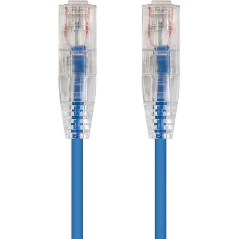 Close-up view of two SlimRun Cat6 cable ends with transparent RJ-45 connectors showing internal wiring