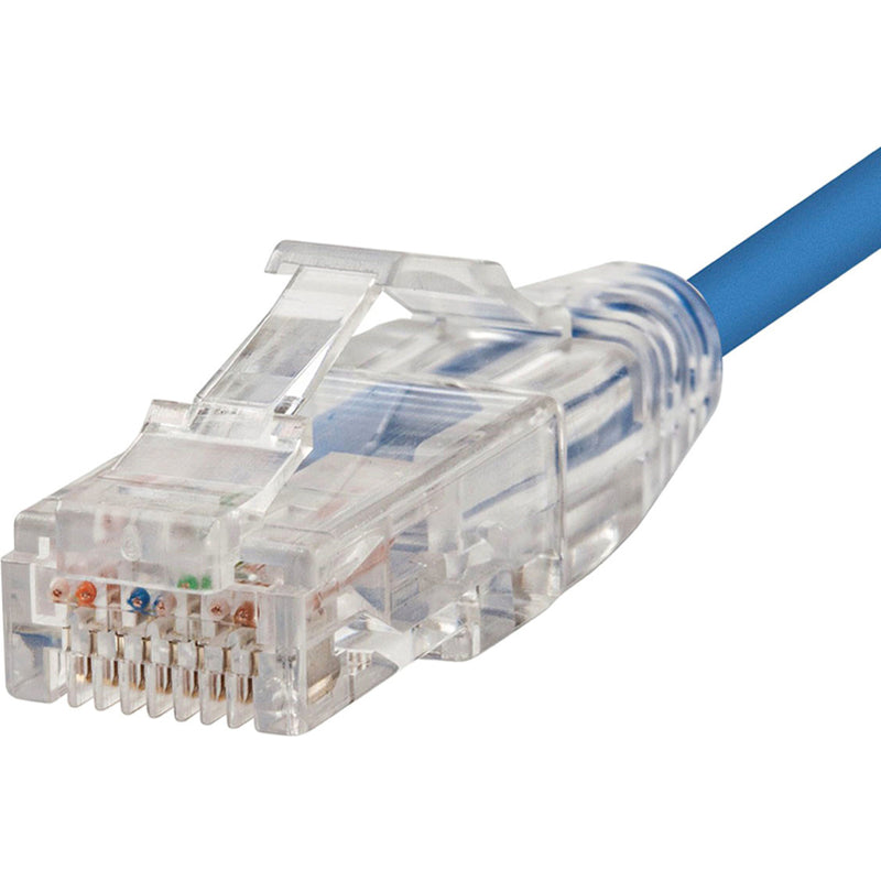 Detailed macro shot of SlimRun Cat6 transparent RJ-45 connector showing internal pin layout