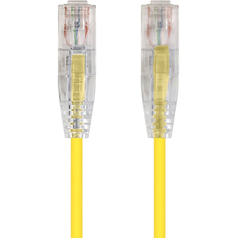 Close-up view of SlimRun Cat6 cable's transparent RJ-45 connectors with yellow cable jacket and snagless boot design