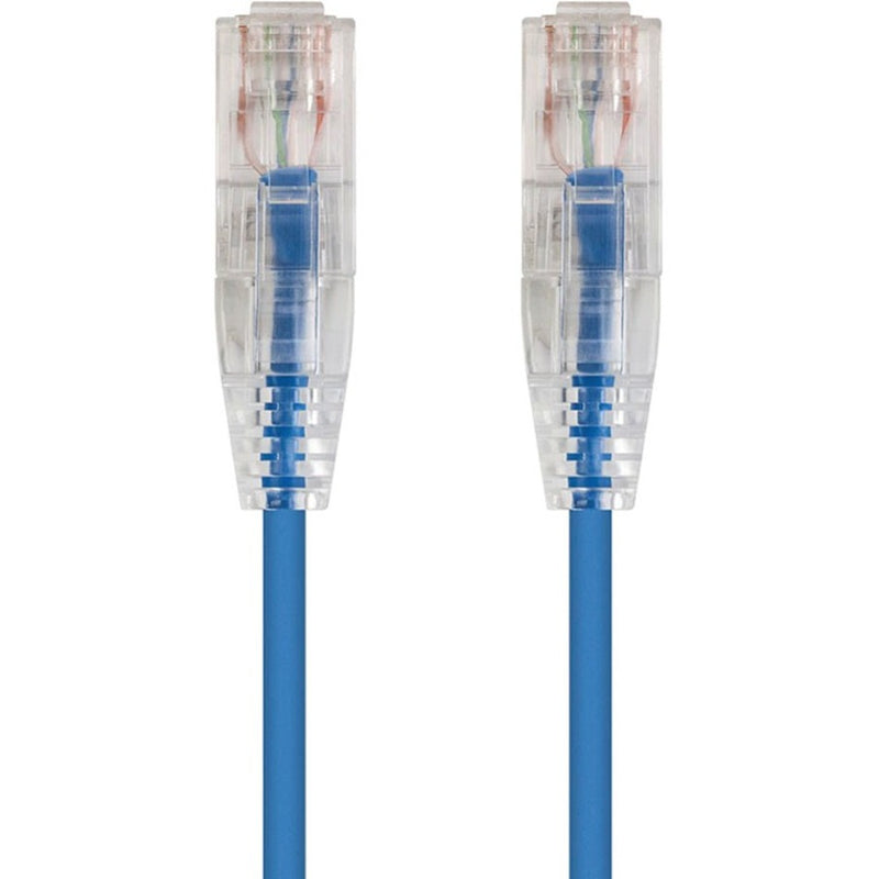 Close-up view of two transparent RJ-45 connectors on blue SlimRun Cat6 ethernet cable showing internal wiring