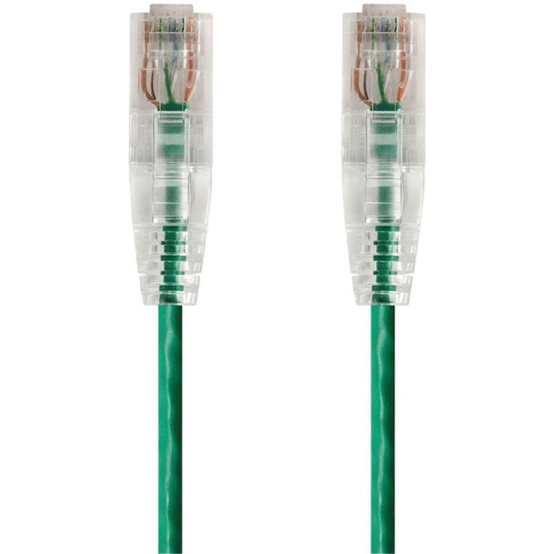 Close-up view of transparent RJ-45 connectors with green Cat6 ethernet cable showing snagless boot design