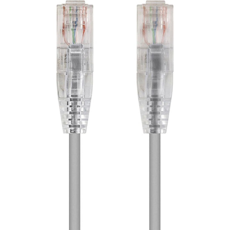 Close-up view of two transparent RJ-45 connectors on SlimRun Cat6 ethernet cable showing internal wire arrangement