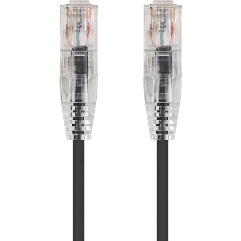 Close-up view of transparent RJ-45 connectors on SlimRun Cat6 ethernet cable showing internal wiring configuration