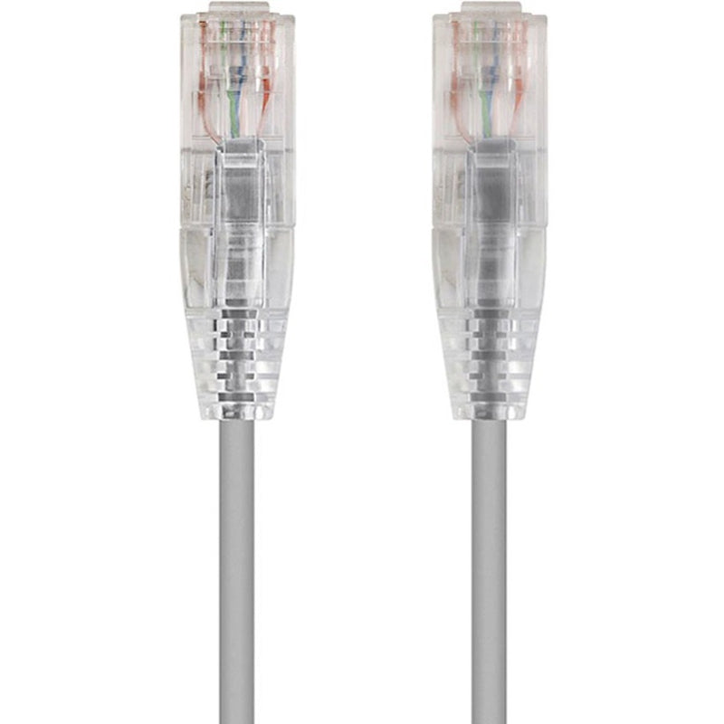 Close-up view of transparent RJ-45 connectors on SlimRun Cat6 ethernet cable showing internal wiring configuration