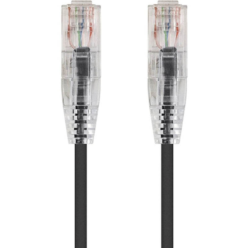 Close-up view of transparent RJ-45 connectors on SlimRun Cat6 ethernet cable showing internal wiring and components