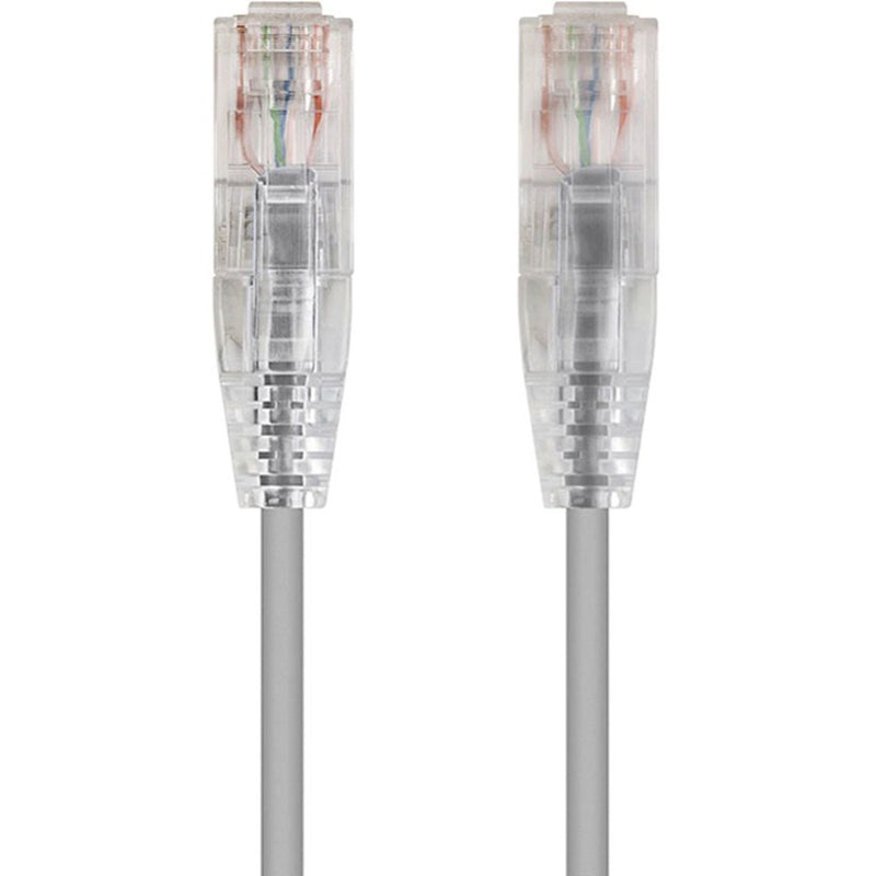 Close-up view of SlimRun Cat6 cable connectors showing transparent RJ-45 ends with internal wiring and gray cable jacket