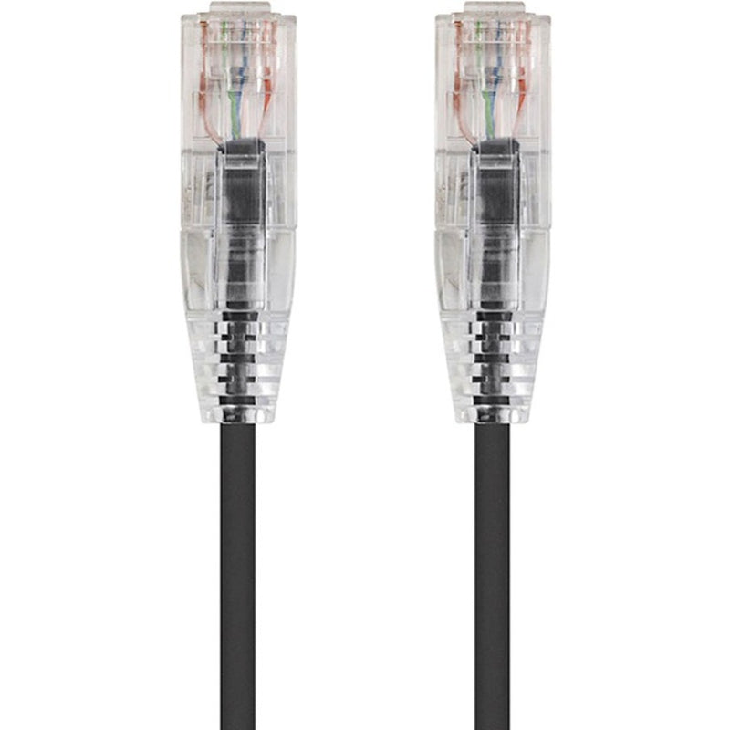 Close-up view of transparent RJ-45 connectors on SlimRun Cat6 ethernet cable showing internal wire arrangement