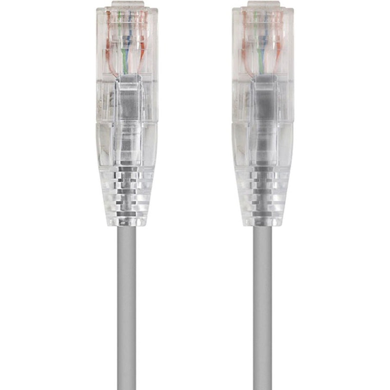 Close-up view of two transparent RJ-45 connectors on gray SlimRun Cat6 ethernet cable showing internal wiring configuration